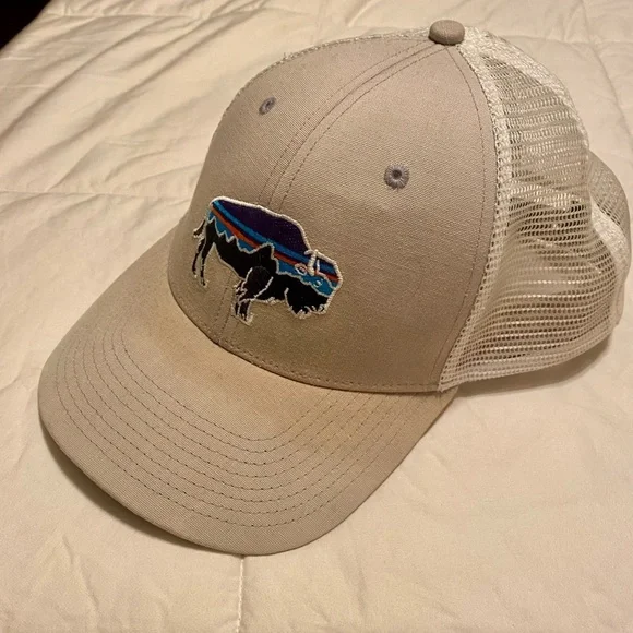 PATAGONIA Mesh Snapback Trucker Hat Bison Logo Light Gray Cap OSFM GORPCORE - Picture 2 of 5